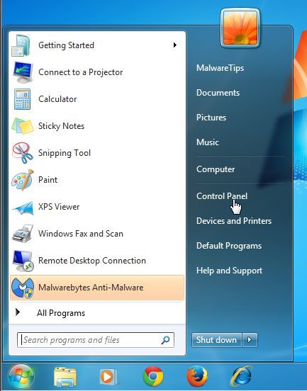Description: [Image: Control Panel in Windows Start Menu]