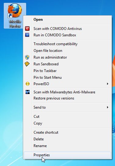 Description: [Image: Firefox Shortcut properties]