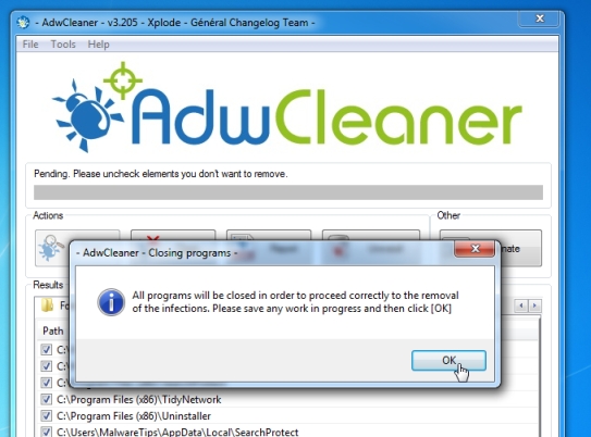 Description: AdwCleaner removing Istart.webssearches.com virus