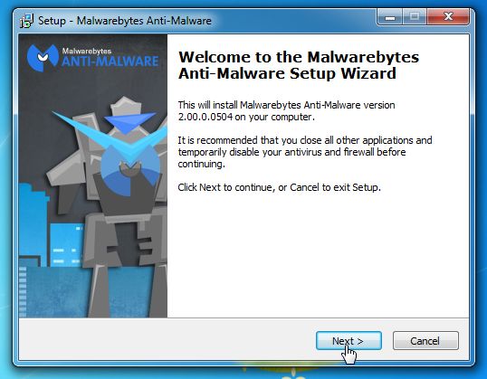 Description: [Image: Malwarebytes Anti-Malware Setup Wizard]