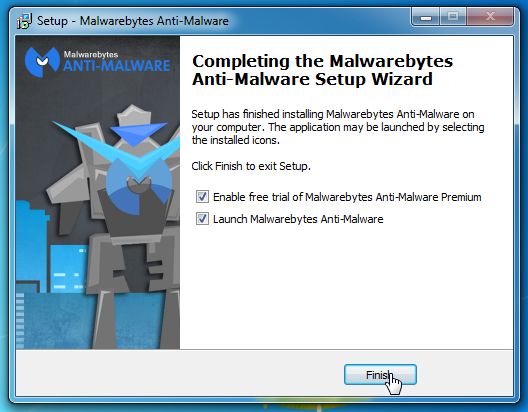 Description: [Image: Malwarebytes Anti-Malware Final Setup Screen]